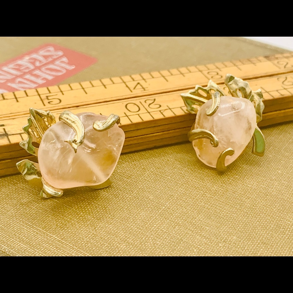 Unique vintage rose quartz clip on leaf earrings